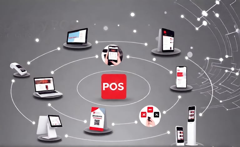 POS system network diagram showing connected retail devices including terminals, tablets, smartphones, and payment systems around a central red POS hub
