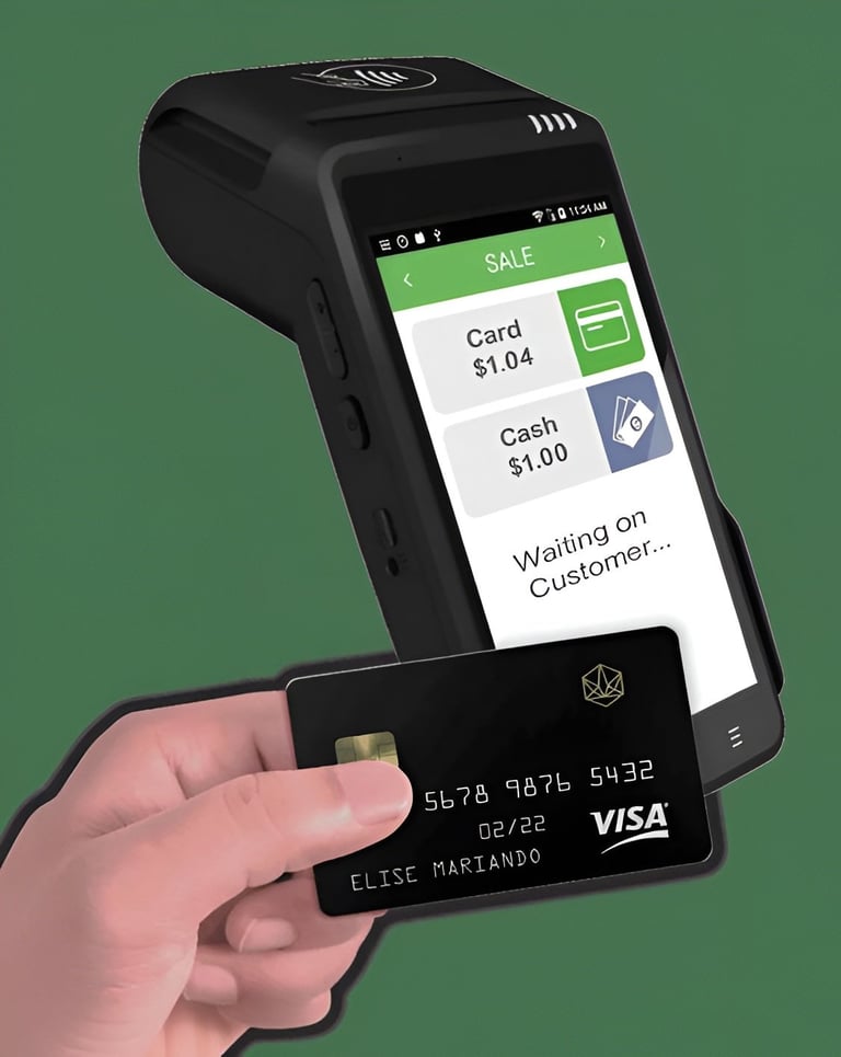 Person holding a black Visa credit card toward a payment terminal showing transaction options for card and cash payment